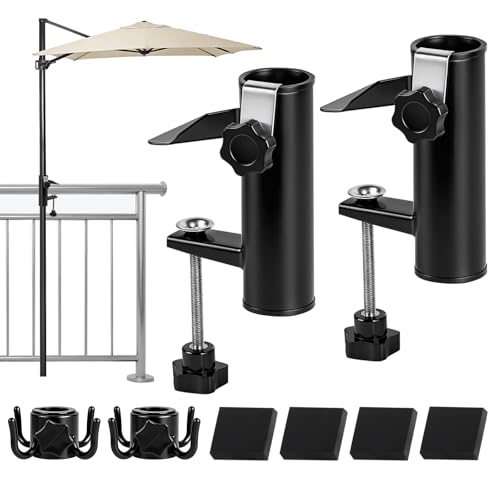 DBREAKS 2Pcs Support de Parasol pour Balcon, Pied de Parasol avec Accroche & Bloc en Caoutchouc, Support de Parasol Réglable, Attache Parasolbalcon pour...