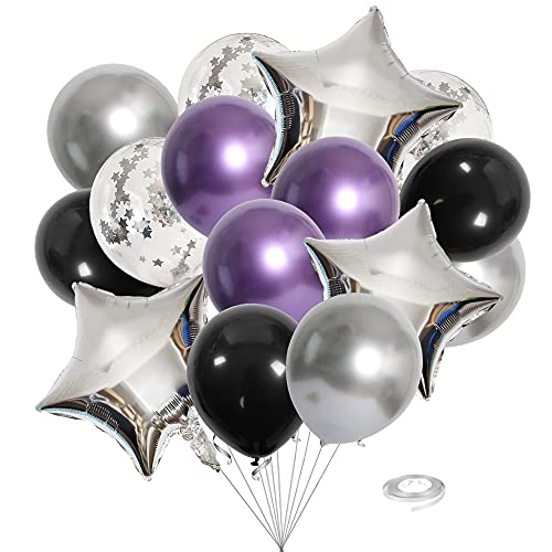 Ousuga Luftballon Set, Konfetti Luftballons, Silber Lila Schwarz Helium Latex Metallic Luftballons Giant Star Foil Ballon Pack für Geburtstag, Baby-Dusche, Hochzeits Party dekoration