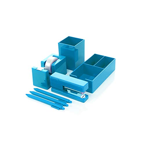 Heavy Duty Modern and Trendy 7-Piece Desktop Organizer Set Stapler Tape Dispenser Tray Pen Cup and Pens (Aqua Blue)