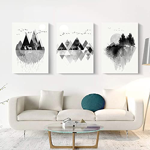 Wall Art For Living Room Canvas Prints Artwork Bathroom Wall Decor Black And White Abstract Mountain Geometric And Animal Watercolor Painting 3 Pieces Framed Bedroom Wall Decorations Office Home Decor #TOP6