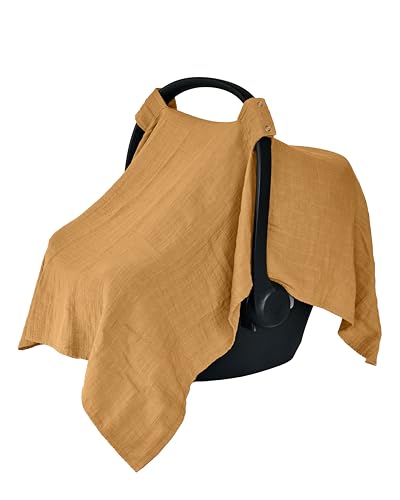 Image of Huxie Denmark - 100% Organic Muslin Baby Car Seat Cover Muslin Carseat Canopy Baby Car Seat Covers for Boys and Girls (Autumn Yellow)