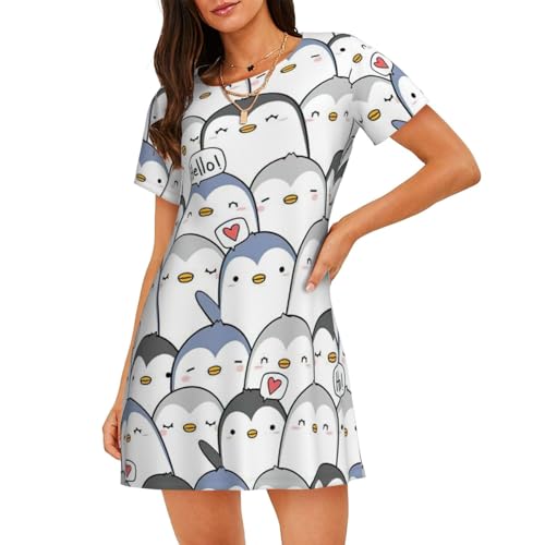Chemise de nuit pingouin à manches courtes pour femme en coton léger