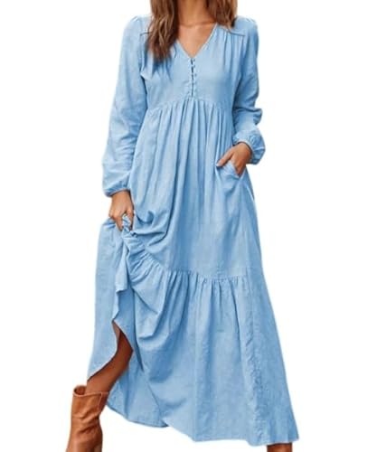 Womens Cotton Maxi Dresses V Neck Button Long Sleeve Long Sleeve V Neck Tiered Ruffle Hem Casual Boho Dress with Pockets (light 