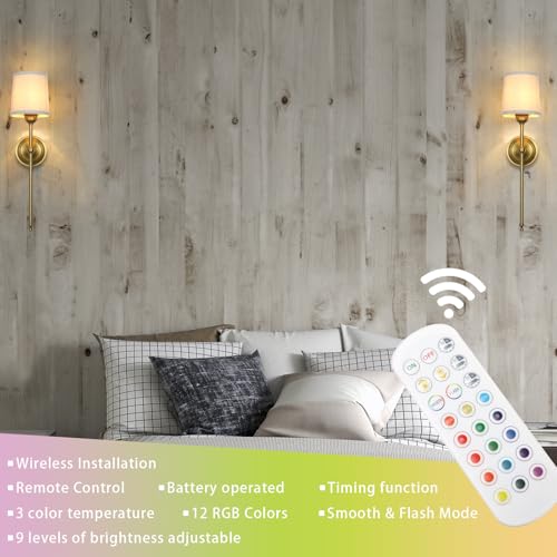 Image of Battery Operated Sconces Wall Lighting Fixture Set of 2 with Linen Fabric Shade, RGB Color Changing USB Rechargeable Wall Mounted Lamp for Living Room Bedside Nightstand Light