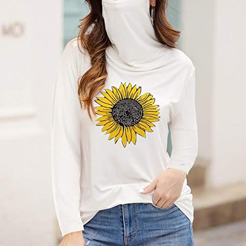 Dosoop Women's Casual Turtleneck Long Sleeve Pullover Sunflower Graphic Print Dustproof Face Guard Tops Blouse T-Shirt