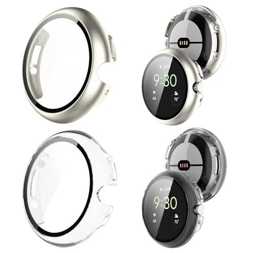 Image of 2Pack Watch Cases Compatible with 41mm Google Pixel Watch 4, Charge with Case On, HD Tempered Glass Screen Protector, Touch-Sensitive, Shockproof, Silver + Clear