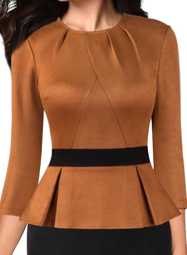 Image of VFSHOW Womens Pleated Crew Neck Peplum Slim Work Business Bodycon Dress | 3 /4 Sleeves, Professional Elegant Church, Funeral, Spring Fall, Fitted Office Pencil Sheath Dress