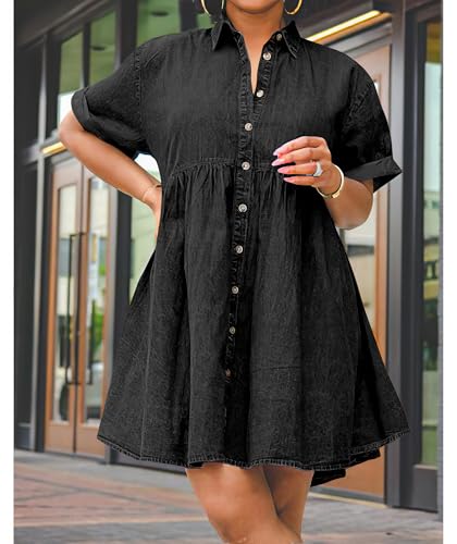 Image of Womens Denim Babydoll Dresses Summer Outfits Button Down Ruffle Tiered Jean Dress