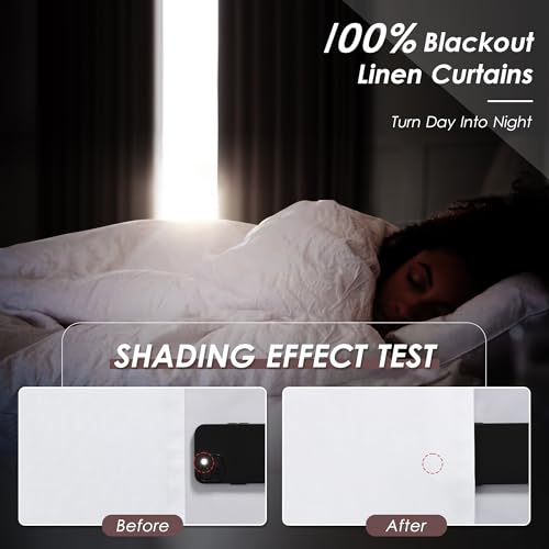 Image of Nanspring White 100% Blackout Linen Curtains for Bedroom 45 Inches Long Back Tab Thermal Insulated Modern Farmhouse Decor Black Out Curtain for Living Room Dining Room Neutral Drapes 52x45, 2 Panels