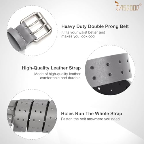 Image of JASGOOD Men Double Prong PU Leather Belt Casual Work Heavy Duty Belt Double Grommet Holes Belt for Jeans