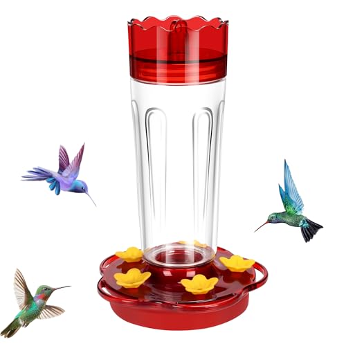 Hummingbird Feeders for Outdoors Hanging Ant and Bee Proof, 1 Pack 15 Ounces Red Hummingbird Feeder with 5 Feeding Ports and Perches, Built-in Ant Moat, Outside Garden Décor (Plastic, 1)
