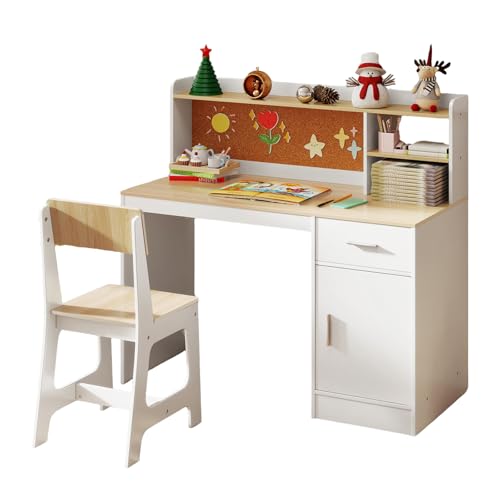 GOPLUS Juego de Mesa y Silla de Madera para Niños, Escritorio Infantil con Silla con Estantería Cajón, Taburete con Respaldo Inclinado, Mueble Escritorio Juvenil 109,5 x 48 x 100,5 cm (Natural)