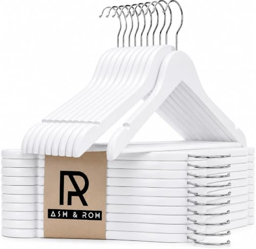 Image of Ash & Roh - Wooden Suit Hangers - Smooth Finish Solid Wood Coat Hanger with Non Slip Pants Bar, 360 Swivel Hook and Precisely Cut Notches Camisole, Jacket, Clothes Hangers (White Hanger, 80)