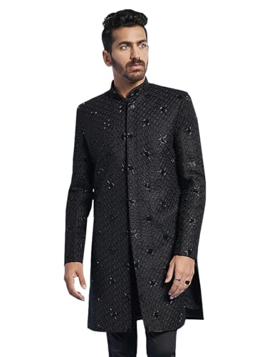 Sherwani en velours noir pour homme broderie Indo-Western haut de gamme