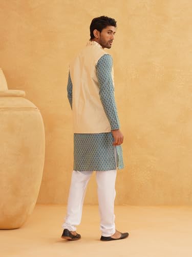 Sojanya (Since 1958 Men'S Silk Blend Peacock Blue Kurta With Pyjama & Beige Nehru Jacket4