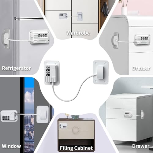 Image of Refrigerator Fridge Freezer Door Lock with Password, Child Proof Door Lock for Kitchen Refrigerator, Cabinets and Drawers, Closets, Windows, Doors-No Tools Need or Drill (White Color)