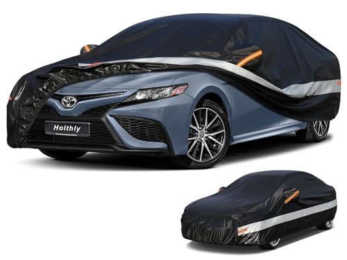 Image of Holhtly Car Cover Custom Fit for Toyota Camry, Car Covers for Automobiles All Weather Waterproof Sun Snow Rain Wind Dust Protection, Outdoor Car Cover Black & Grey