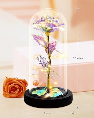 Rose Flower Gift, Rainbow Forever Rose in Glass Dome, Rose Light Up Flower, Personalized Gifts for Mom, Sisters, Friend, Women, Valentine's Day, Birthday, Wedding, Anniversary (Rainbow Rose) 2