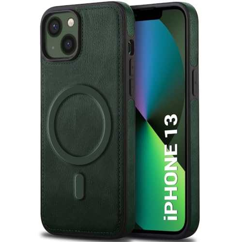 Image of TheGiftKart Genuine Leather Finish Back Cover Case for iPhone 13 | Shockproof Design | Raised Edges for Camera & Screen Protection | Stunning Minimalist Design Case Cover (MagSafe Compatible, Green)