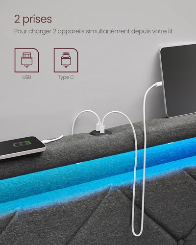 Lit Double 140x190 LED + 4 Tiroirs USB-C VASAGLE