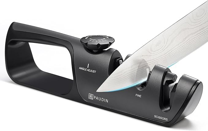 – Professional Knife Sharpener UK, 3-Stage Adjustable Manual Sharpening Tool for All Kitchen Knives, Scissors, Serrated Blades with Non-Slip Grip