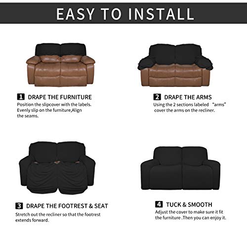 Image of Easy-Going 6 Pieces Microfiber Stretch Sectional Recliner Sofa Slipcover Soft Fitted Fleece 2 Seats Couch Cover Washable Furniture Protector with Elasticity for Kids Pet(Recliner Loveseat,Black)