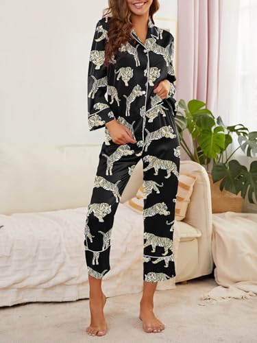 Image of Brosloth Women's Silk Satin Pajamas Pjs Sets Cute Lace Pattern Two Piece Loungewear Set Button Up Pajamas Sleepwear Black