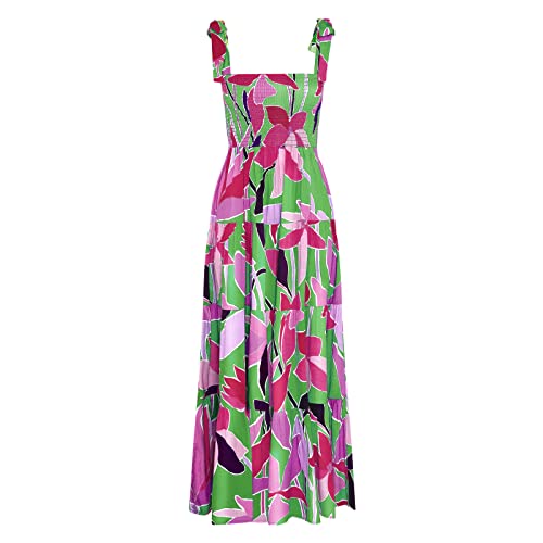 Image of kinstell Women's Summer Boho Spaghetti Strap Square Neck Ruffle Casual Flowy Long Dress Beach Swing Party Maxi Dress