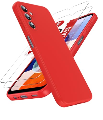 Coque Samsung Galaxy A14 / A14 5G LeYi en silicone liquide rouge avec 2 verres trempés