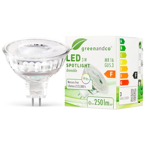 greenandco MR16 GU5.3 | dimmbar | ersetzt 28W | warmweiß 2700K | CRI 90+ | 3W 250 lm | 38° | flimmerfrei | COB LED Spot | 12V AC/DC