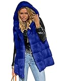 Onsoyours Damen Weste Wintermantel Kunstpelz Ärmellose Jacke Winterjacke mit Kapuze Lange Mantel Outwear Warm Pelzweste Pelzjacke Pelzmantel D Blau 3XL