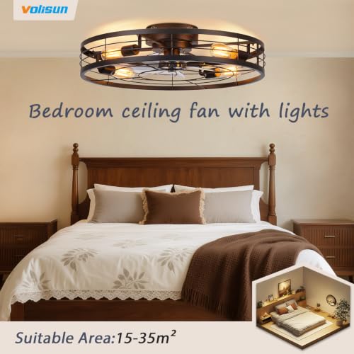 Image of VOLISUN 27.6'' Caged Ceiling Fan with Light and Remote,Rustic Low Profile Ceiling Fan with Light Flush Mount, Farmhouse Bladeless Fandelier Ceiling Fans with Lights for Kitchen,Bedroom-Black