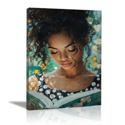 Tableau sur toile lecture chambre à coucher decoration murale portrait femme bouclée vert