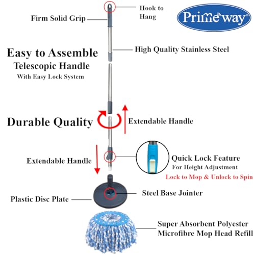 Image of Primeway Stainless Steel 109-127cm 50 inch Length Extendable Handle Stick Rod for 360 Degree Spin Mop | Replacement Spares Set with 2 Microfibre Refills | Dry & Wet Pocha for Floor Cleaning