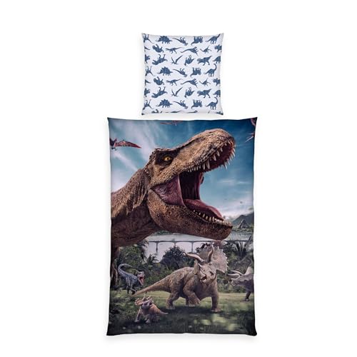 Herding Bettwäsche Jurassic World, Kopfkissenbezug ca. 80 x 80 cm, Bettbezug ca. 135 x 200 cm, Mit Reißverschluss und Wendemotiv, 100% Baumwolle/Renforcé