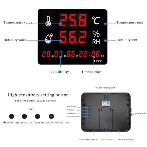 Higrómetro digital con pantalla LED, monitor de humedad de temperatura de alta precisión con alarma para uso industrial