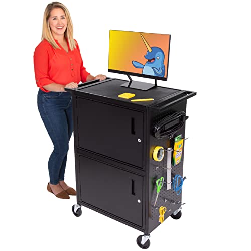 Line Leader Stellar AV Cart - Computer Cart with Customizable Pegboard & Hooks, Dual Locking Cabinets, UL Certified Power, Mobile Workstation with Locking Wheels, Ideal for Laptop & Charger Storage by Stand Steady - Used condition - US$524.39