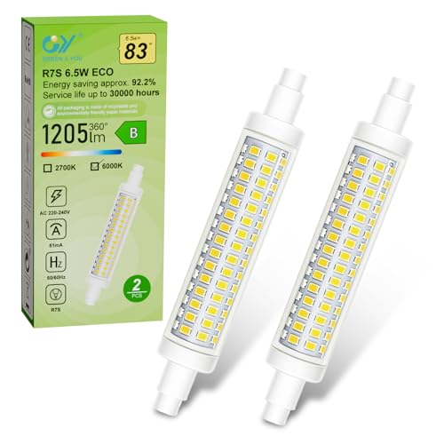 GY R7s Led 118mm, 6,5 W, Lineal R7S 118 mm, 220 240V, 1205 Lúmenes, Luz Blanca Fría de 6000 K, Equivalente a 83W Bombilla Tradicional, Bombilla LED Tubular de Bajo Consumo, No Regulable, 2 unidades.