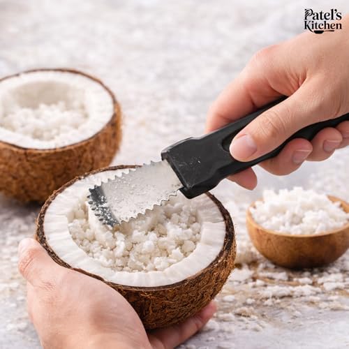 Image of PATEL'S KITCHEN Coconut Scraper Tool with Bent Stainless Steel Blade | Hand Coconut Grater with Strong Non-Slip Handle | Coconut Scraping Tool for Chutney, Curry & Sweets - 2 Units