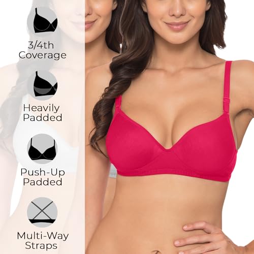 Image of Komli - Heavily Padded Push-Up Bra - Cotton Rich - Balconette - 3 /4th Coverage, Seamless, Wireless, Multiway Straps - T-Shirt Bra (Pack of 2)