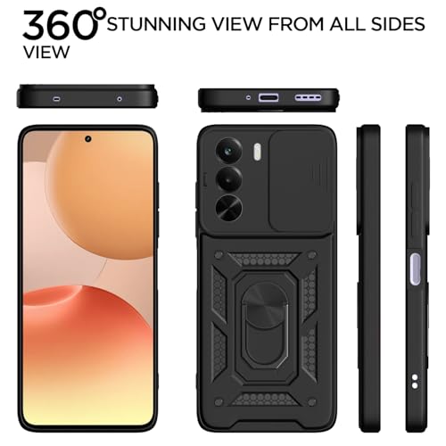 Image of Pikkme Back Cover for Realme P4x 5G | 360 Protection Case | Sliding Camera Shield Cover & Ring Holder Stand D10 Tough Armor Bumper Case (Black)