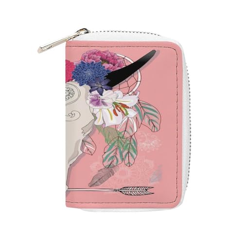 Women Leather Coin wallet, Key Change Organizer Zipper Card Holder Purse Clutch Pouch Pocket 4.5x3.15 in Print Tribal Ethnic Cow Skull Arrow Feathers Flowers on Red