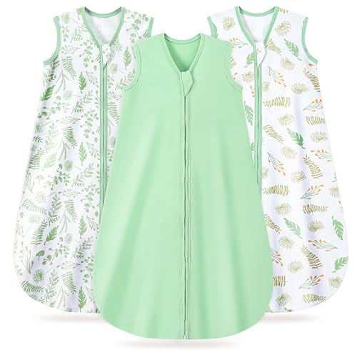 Baby Sleep Sack 0-6 Months, 100% Organic Cotton Wearable Blanket for Babies, 2-Way Zipper TOG 0.5 Lightweight Breathable Baby Sleeping Bag, 4 Sizes-GreenS