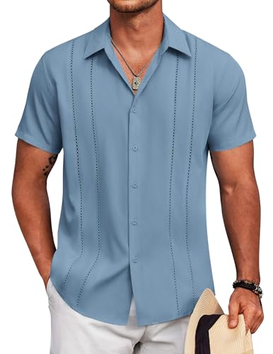 Image of COOFANDY Mens Cuban Guayabera Shirt Short Sleeve Button Down Shirts Summer Beach Vacation Shirts