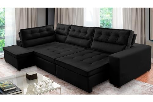 Sofá de Canto Retrátil e Reclinável com Molas 3,00x2,00 Esq Virginia Suede Preto Adonai Estofados