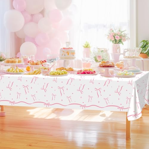 Image of Avezano 3 pcs Pink Bow Tablecloths 108x54 inch Bow Birthday Decorations Pink Coquette Bow Plastic Table Cover Disposable Bachelorette Party Supplies