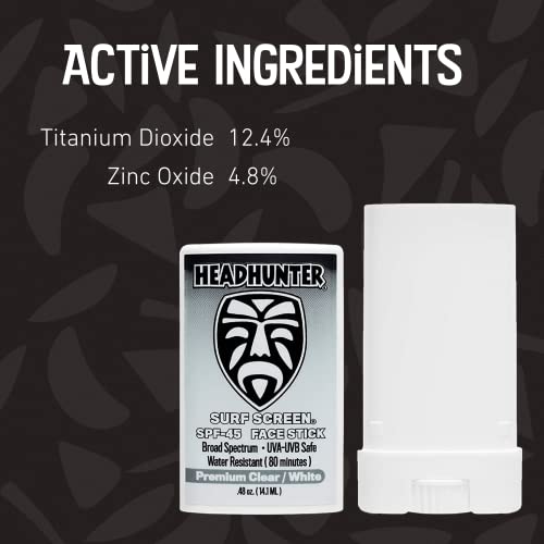 Headhunter Sunscreen Face Stick SPF 45, Waterproof Surf Sunblock for Waterman, Water-Resistant Facial Sunscreen for Ultra-Sport Protection and Solar Defense (80 min), Clear White (2 pack)