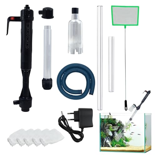 Sifonador Acuario Eléctrico, Limpiador de Grava para Acuario con Tubo Retráctil, 5 Bolsas Filtrantes y 1 Red, Limpiador Eléctrico de Arena y Grava para Acuarios, Cambio de Agua y Mantenimiento