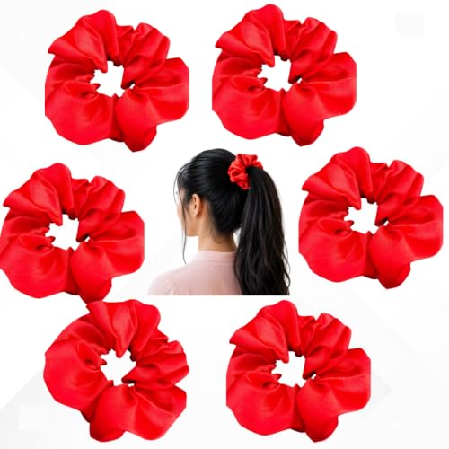 Image of Satin Scrunchies for Women | Set of 6 Crunchies Hair Band (Red)