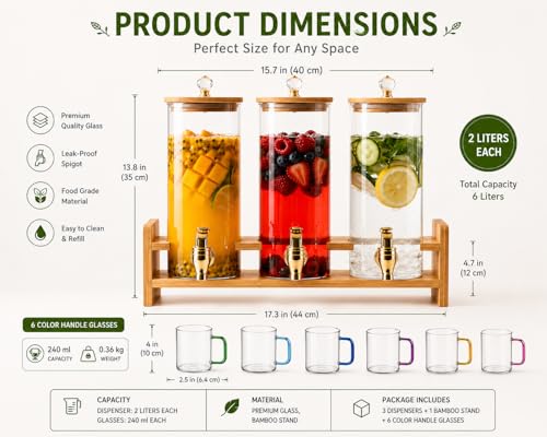 Image of 3 Tank Glass Beverage Dispenser Set with Wooden Stand | 2L Each Juice Dispenser with Tap & Lid + 6 Color Handle Glass Mugs (240ML) | Premium Drink Server for Lemonade, Parties & Home Use
